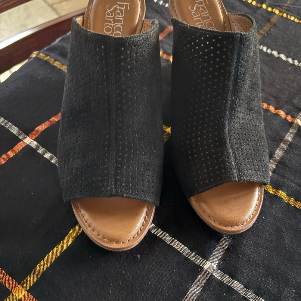 Franco Sarto Black Suede Perforated Mules, EUC, Size 9